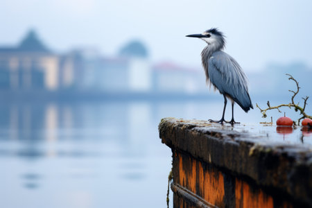a bird standing on a ledge by a body of waterの素材