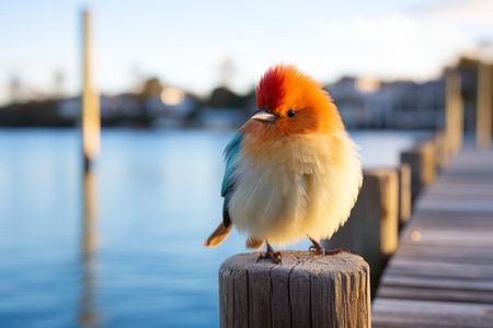 a bird with a mohawk standing on a wooden postの素材