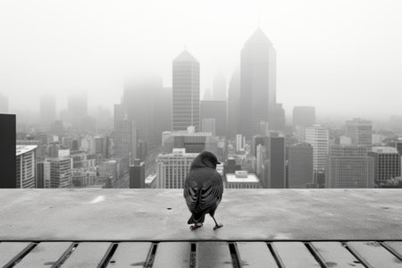 a black and white photo of a bird standing on a ledge in front of a cityの素材