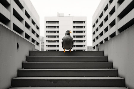 a black and white photo of a bird standing on some stairsの素材