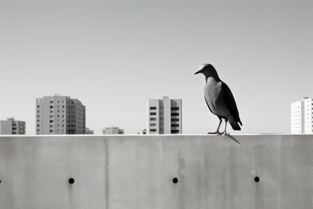 a black and white photo of a bird standing on a ledgeの素材