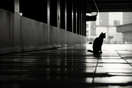 a black and white photo of a cat standing aloneの素材