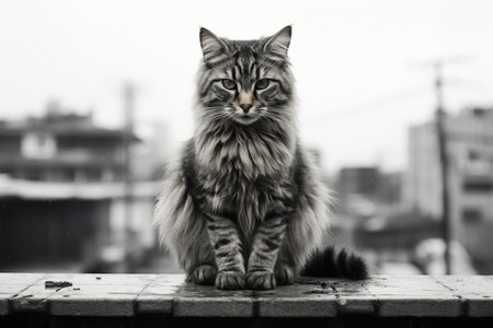 a black and white photo of a cat sitting on a ledgeの素材
