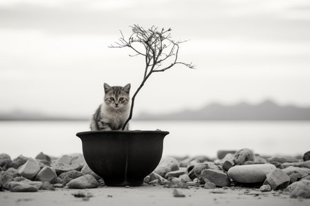 a black and white photo of a cat sitting in a potの素材