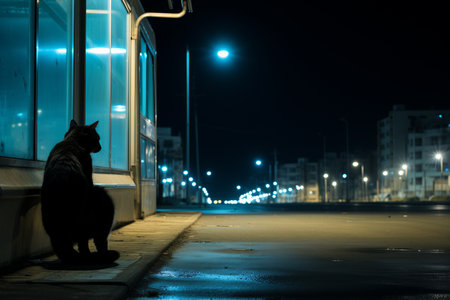 a black cat sitting on a sidewalk at nightの素材