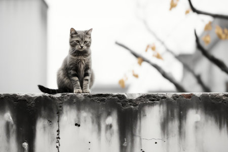 a black and white photo of a cat sitting on top of a wallの素材