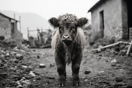 a black and white photo of a cow standing in front of a houseの素材