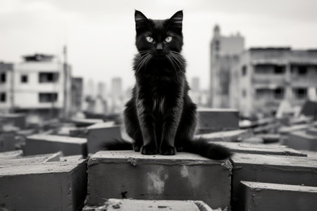 a black and white photo of a cat sitting on top of a pile of bricksの素材