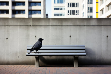 a black bird sitting on a bench in front of a buildingの素材