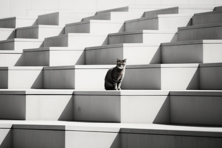 a black and white photo of a cat sitting on some stepsの素材