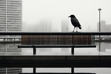a black bird is standing on a bench in a foggy cityの素材