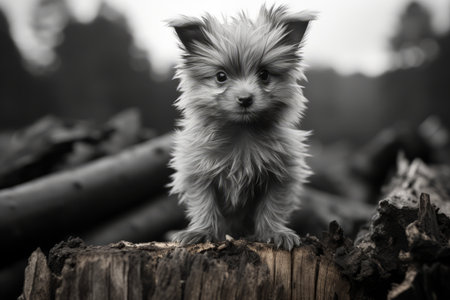 a black and white photo of a small dog sitting on top of a logの素材