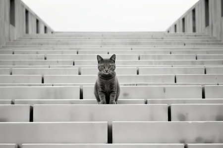 a black and white photo of a cat sitting on some stairsの素材