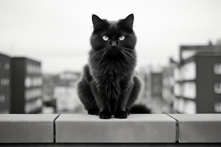 a black and white photo of a cat sitting on a ledgeの素材