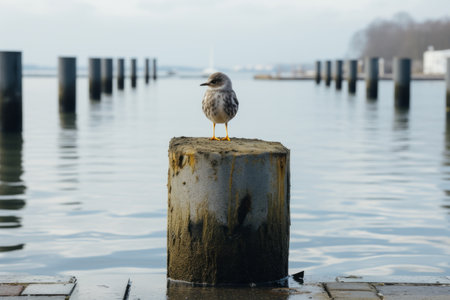 a bird standing on top of a post in a body of waterの素材
