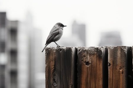 a black and white photo of a bird perched on a wooden fenceの素材