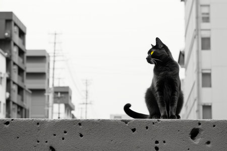 a black and white photo of a cat sitting on top of a concrete wallの素材