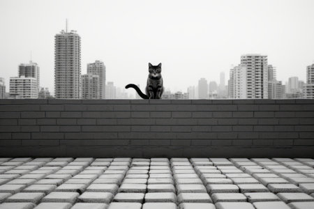 a black and white photo of a cat sitting on the edge of a buildingの素材