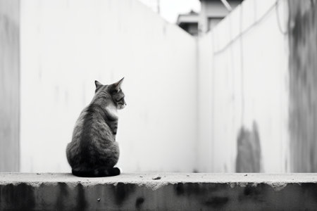 a black and white photo of a cat sitting on a ledgeの素材