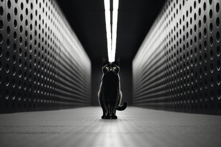 a black cat is standing in a dark tunnelの素材