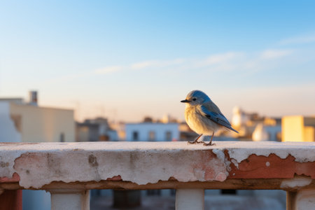a blue bird sitting on a ledgeの素材