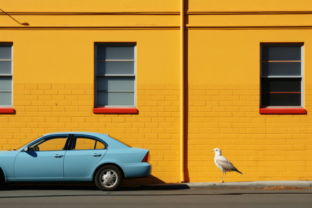 a blue car parked in front of a yellow buildingの素材
