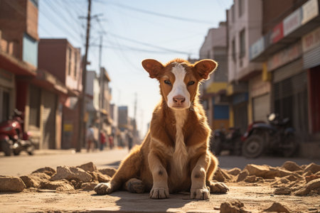 a brown and white cow sitting in the middle of a streetの素材