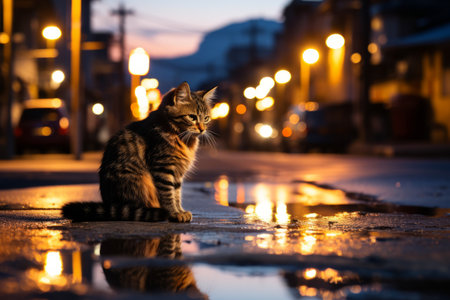 a cat sitting on a wet street at nightの素材