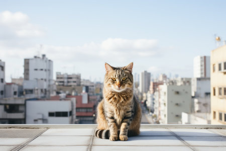 a cat sitting on the roof of a building in the cityの素材