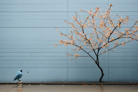 a blue bird sitting next to a tree in front of a blue wallの素材