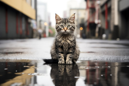 a cat sitting on the ground in the rainの素材
