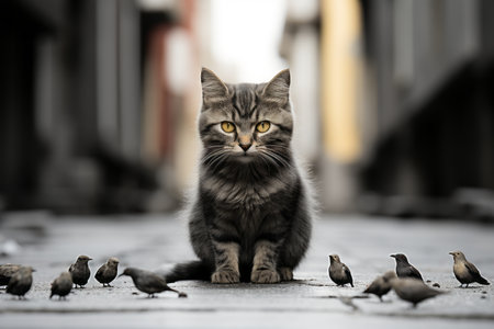 a cat sits on the ground surrounded by birdsの素材