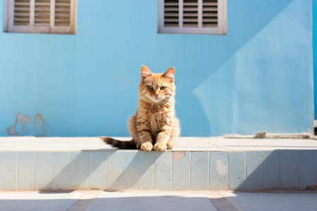 a cat sitting on a ledge in front of a blue buildingの素材