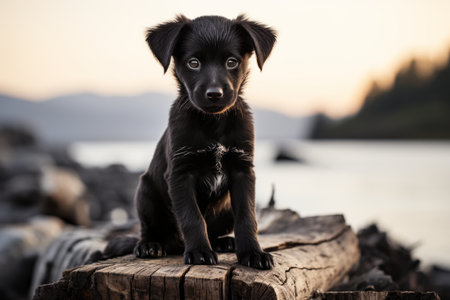 a black puppy sitting on a log by the waterの素材