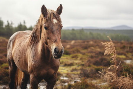 a brown horse standing in the middle of a fieldの素材