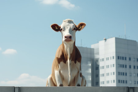 a brown and white cow sitting on top of a buildingの素材