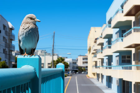 a blue fence with a bird on itの素材