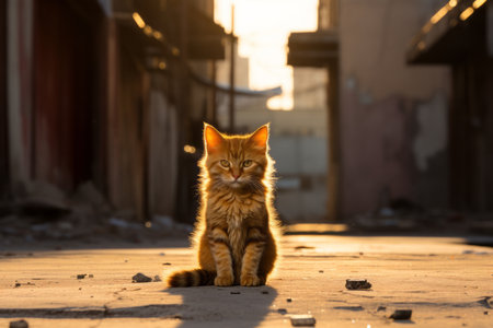 a cat is sitting on the ground in an alleyの素材