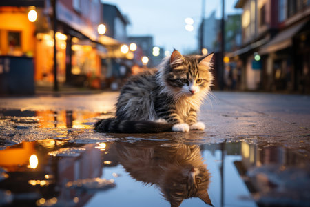 a cat sitting on the ground with its reflection in a puddleの素材