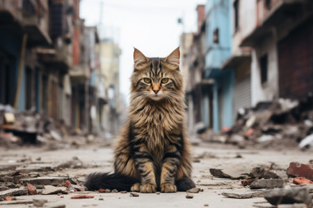 a cat sitting on the ground in a city streetの素材