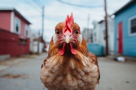 a close up of a chicken standing on a streetの素材