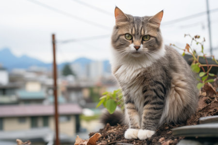 a cat sitting on top of a pile of dirtの素材