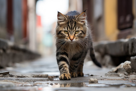 a cat walking along a street in an alleyの素材