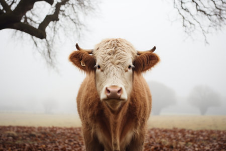 a cow standing in a foggy field looking at the cameraの素材