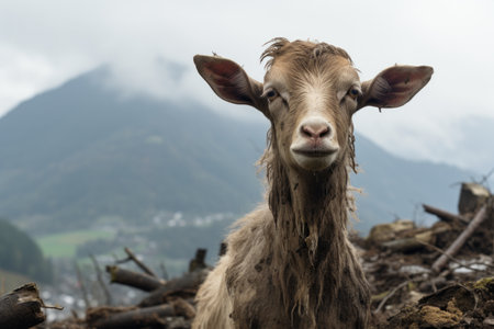 a goat standing in front of a mountainの素材