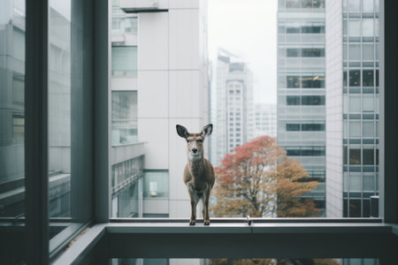 a deer stands on a window sill in front of tall buildingsの素材