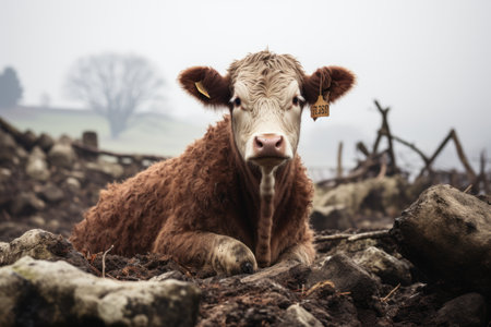 a cow laying on the ground in a fieldの素材