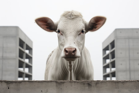 a close up of a white cow looking over a concrete wallの素材