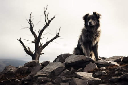 a dog sitting on top of a pile of rocksの素材