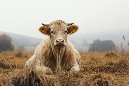 a cow sitting in a field of dry grassの素材
